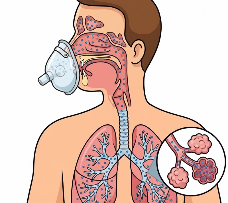 Průřez dýchacími cestami při inhalaci