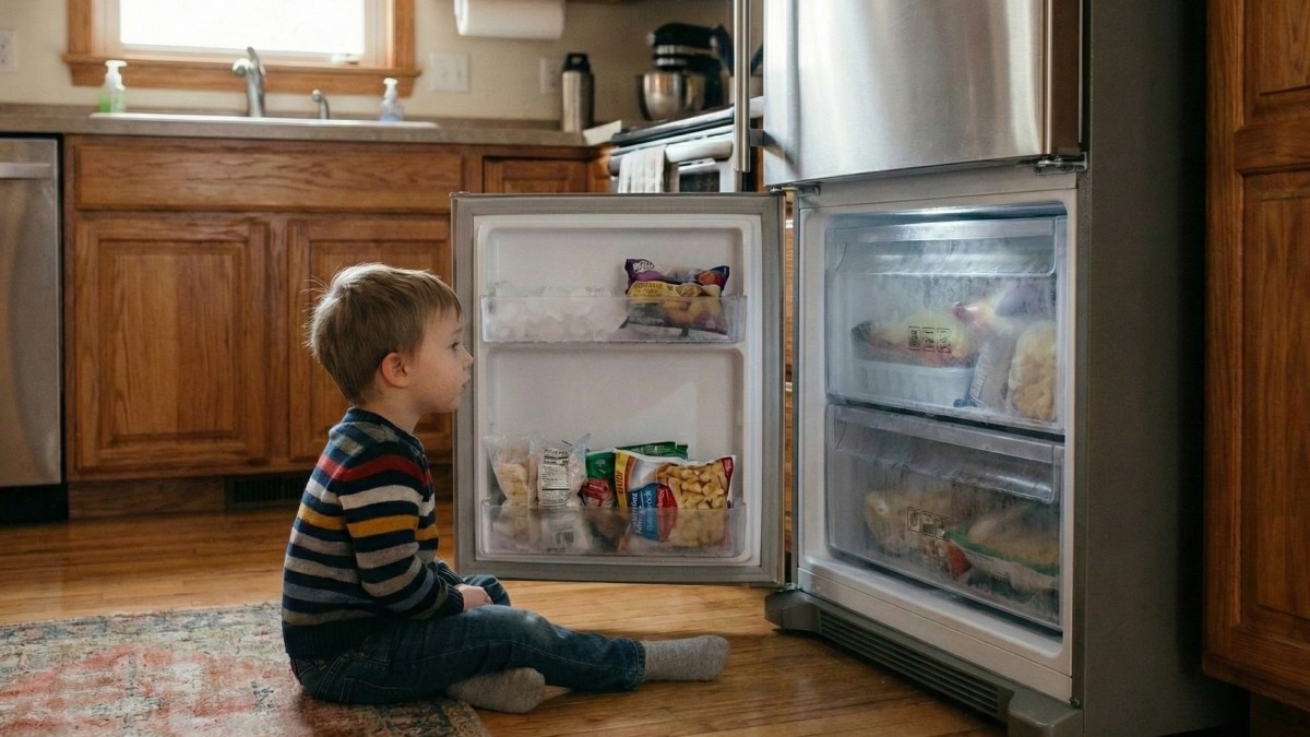 Dítě sedící před otevřeným mrazákem