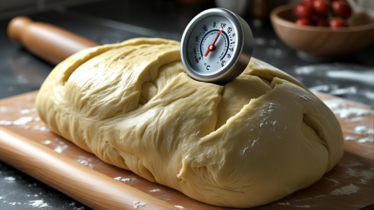 Bochník syrového těsta se zabodnutým teploměrem